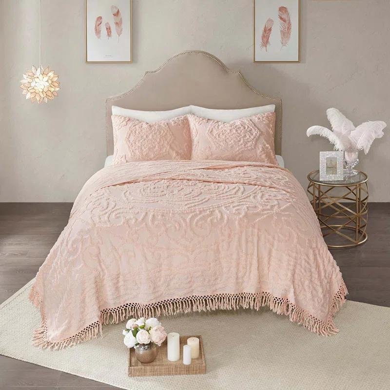 Laetitia Tufted Chenille Cotton Medallion Fringe Coverlet Set