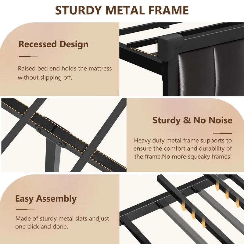 Ivy Bronx Kanchi Upholstered Metal Platform LED Bed Frame with 4 Storage Drawers and Bookcase Headboard, Black