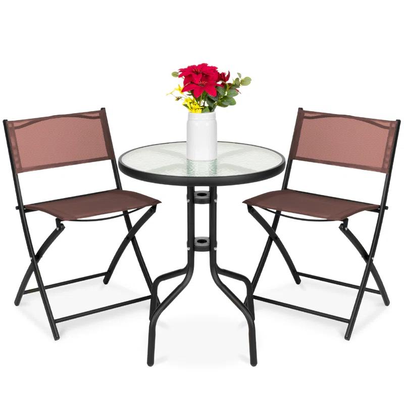 George Oliver 3-Piece Patio Bistro Dining Furniture Set W/ Glass Tabletop, Folding Chairs
