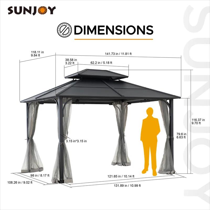 Sunjoy Sunjoy Hardtop Gazebo 10 x 12 ft. Outdoor Gazebo, Heavy Duty Steel Frame Gazebo, Double Roof Metal Gazebo with Ceiling Hook and Removable Netting Sidewalls