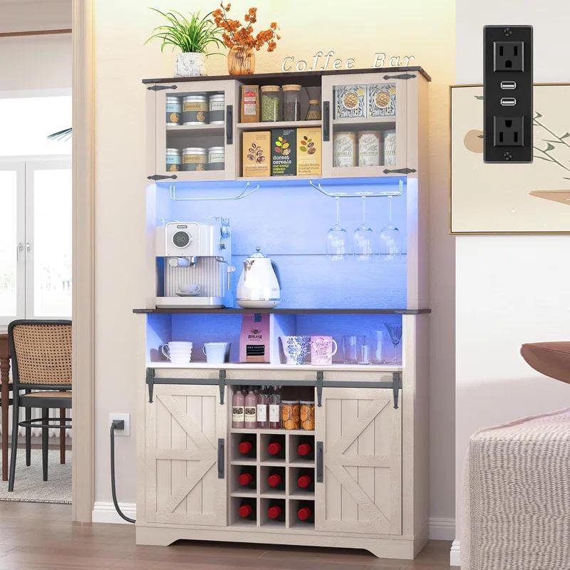 Gracie Oaks Coffee Bar Cabinet with Sliding Barn Door, Buffet Cabinet with Hutch, Kitchen Pantry Cabinet with Power Outlet & Lighting, Tall Liquor Chest for Home Dining Room, White