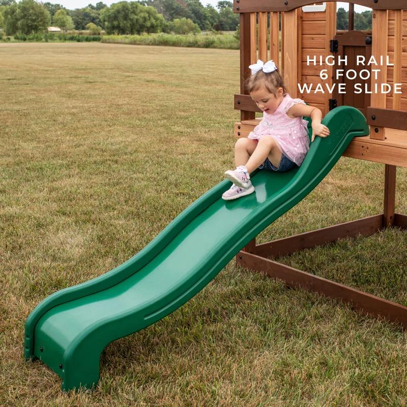 Backyard Discovery Echo Heights Cedar Wooden Elevated Kids Playhouse with Wave Slide, Play Kitchen, and Deck & Reviews | Wayfair
