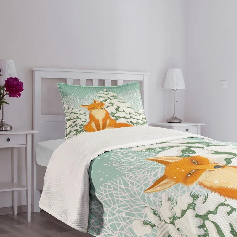 Ambesonne Ambesonne Fox Bedspread Set Red Fox Winter Forest Xmas Almond Green Orange