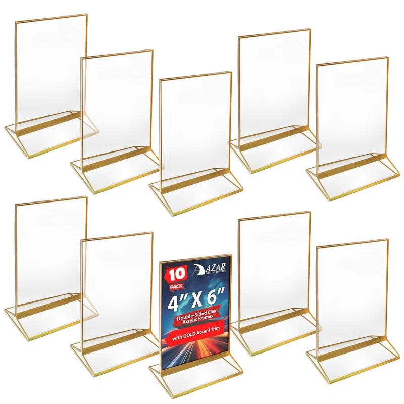 Azar Displays Double-Sided Clear Acrylic Frames with Gold Accent Trim 4" Wide x 6" High, 10 Pack