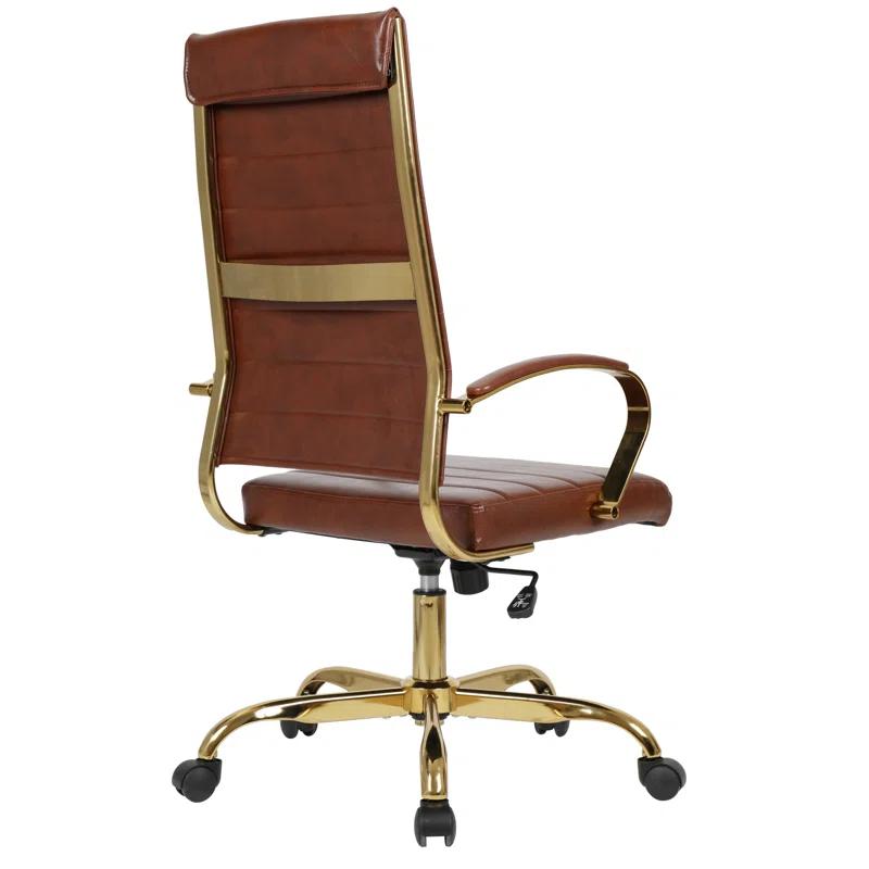 Everly Quinn Humairaa Leather Office Chair – Executive Task Chair with Swivel, Adjustable Height & Gold Base for Home Office or Conference Room