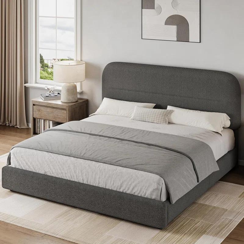 Mercer41 Manfred Boucle Upholstered Cloud Bed Frame with Rounded Corners Headboard, Soft Platform Bed Frame with Thickened Footboard