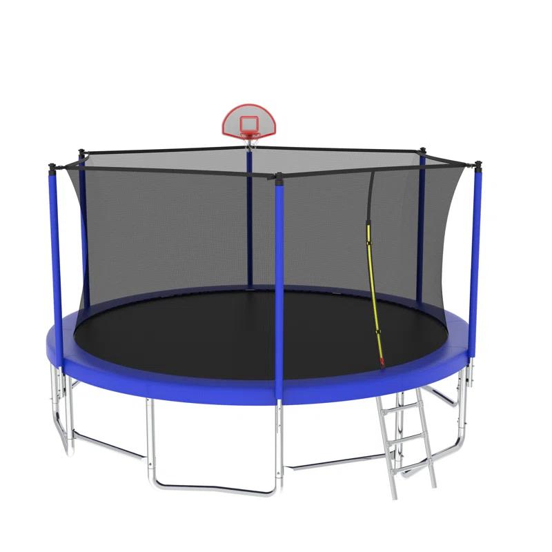 16FT Trampoline With Balance Bar  And  Basketball Hoop And Ball, ASTM Approved Reinforced Type Outdoor Trampoline With Enclosure Net