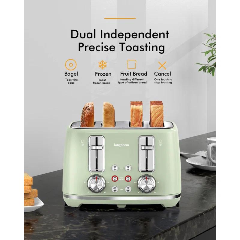 LONGDEEM 4 Slice Toaster, Extra Wide Slots, Longdeem Retro Stainless Steel Toasters, 6 Browning Options, Auto Shut Off & Frozen Function, Toast Fruit Bread, Bagel & Waffle