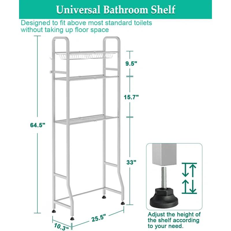 Over The Toilet Storage Shelf For Bathroom, 3-Tier Above Toilet Rack Bathroom Organizer With Adjustable Shelves And Hanging Hooks, Easy To Assemble & Space Saving, White