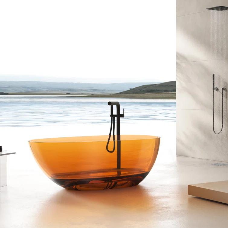 Vanity Art 59" x 31" Freestanding Soaking Stone Resin Bathtub with Polished Chrome Pop Up Drain VA6913-PCS