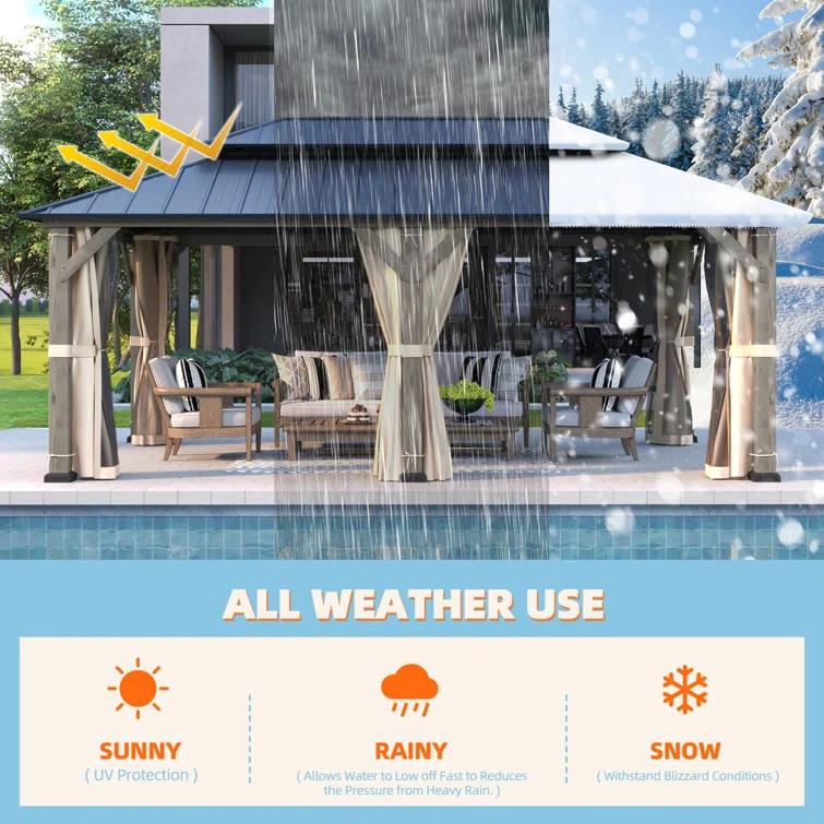 EROMMY 12' X 20' Outdoor Spruce Hardtop Gazebo For Patios, Spruce Framed Gazebo With Double Roof, Solid Wooden Framed Gazebo With Privacy Curtains For Patio Lawn, Garden, Backyard