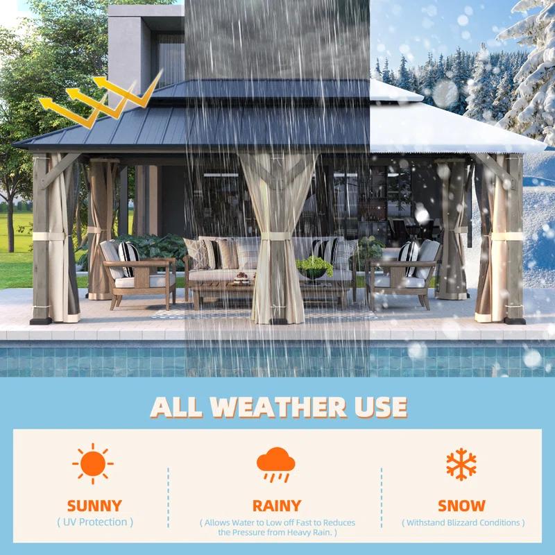 EROMMY 12' X 20' Outdoor Spruce Hardtop Gazebo For Patios, Spruce Framed Gazebo With Double Roof, Solid Wooden Framed Gazebo With Privacy Curtains For Patio Lawn, Garden, Backyard
