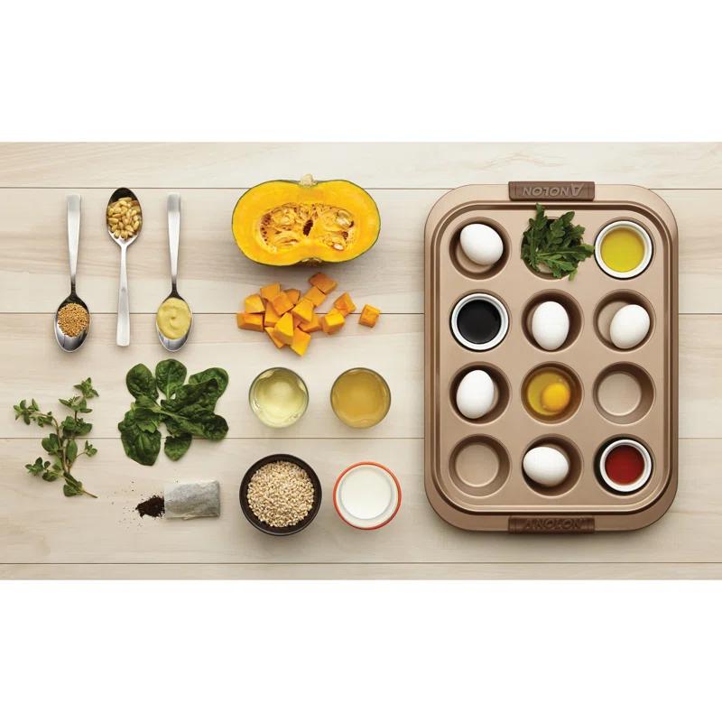 Anolon Anolon Advanced Bakeware 12-Cup Nonstick Muffin Pan with Silicone Grips and Lid, Bronze