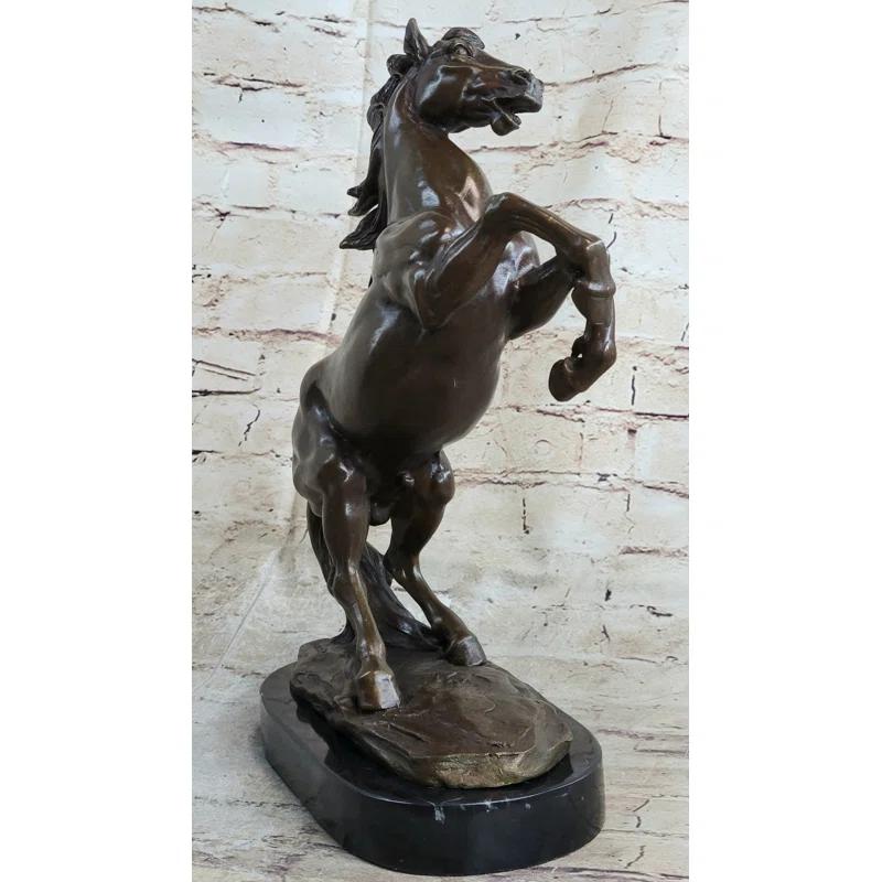 Charlton Home® Dumal Rearing Stallion Horse Bronze Sculpture Statue Figure On Marble Base By Lecourtier