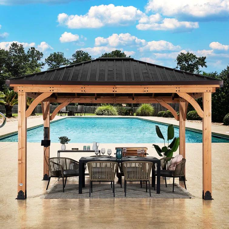 Backyard Discovery Backyard Discovery Barrington 14' x 12' Cedar Wood Outdoor Patio Gazebo with Hardtop Galvanized Steel Hip Roof and PowerPort