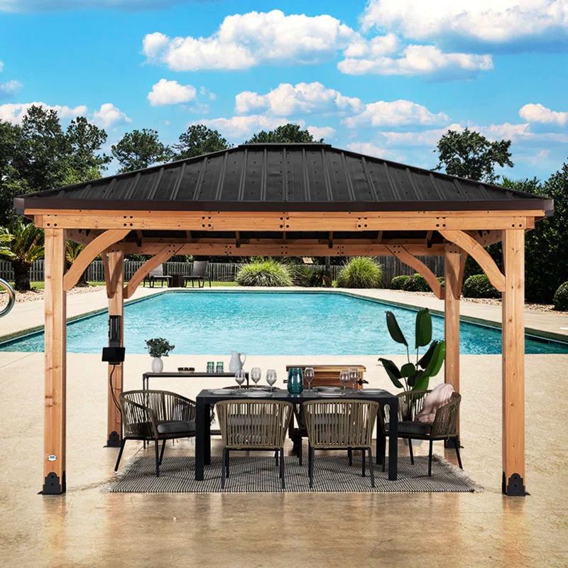 Backyard Discovery Backyard Discovery Barrington 14' x 12' Cedar Wood Outdoor Patio Gazebo with Hardtop Galvanized Steel Hip Roof and PowerPort