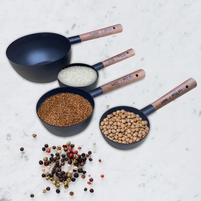 Nu Steel Stainless Steel Measuring Cups Set Of 4 Pieces, Nesting Metal Measuring Cups Set With Wooden Handles For Dry And Liquid Ingredients, Cooking & Baking