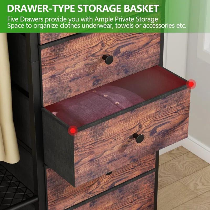 17 Stories Heavy Duty Clothes Rack For Hanging Clothes With 5 Shelves & 5 Drawers, Metal Freestanding Clothing Rack With Five Hooks, Garment Rack Closet Wardrobe Rack, 70.87H X 59.06W,Max 900Lbs,Rustic