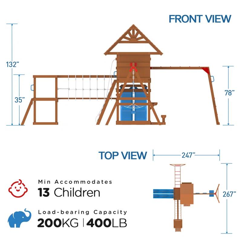 Dolphin Playground Dolphin Playground Luxury Cedar Playground Set: Double Wave Slide, 2-in-1 Table, Monkey Bars, Balance Beam, 3 Swings, Large Rock Wall, Wood Roof
