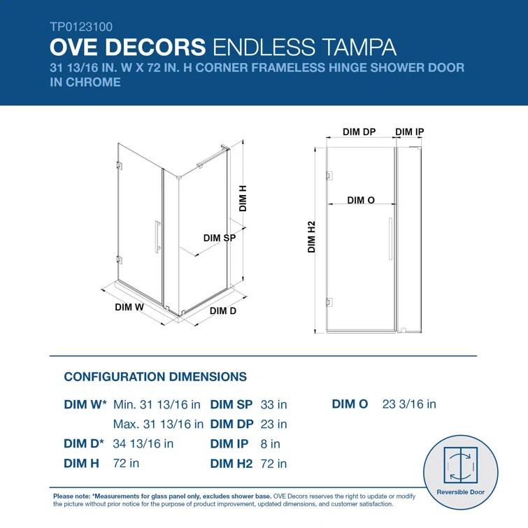 Ove Decors Endless Tampa-Pro 31" W x 72" H Corner Frameless Shower Kit, Door, Panel TP0123100