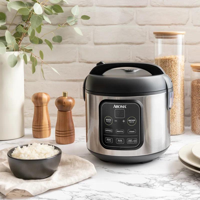 Aroma Aroma 4-Cup (Uncooked) / 8-Cup (Cooked), 2Qt. Digital Rice & Grain Multicooker, Slow Cooker, Automatic Keep Warm Mode, Steam Tray Included, Stainless Steel (ARC-994SB)