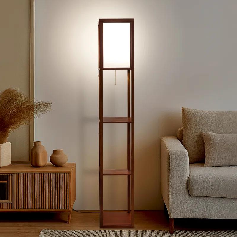 Brightech Maxwell 63" Modern LED Shelf Floor Lamp with Havana Brown Finish, 3 Tiers, and Fabric Square Shade, Bulb Included