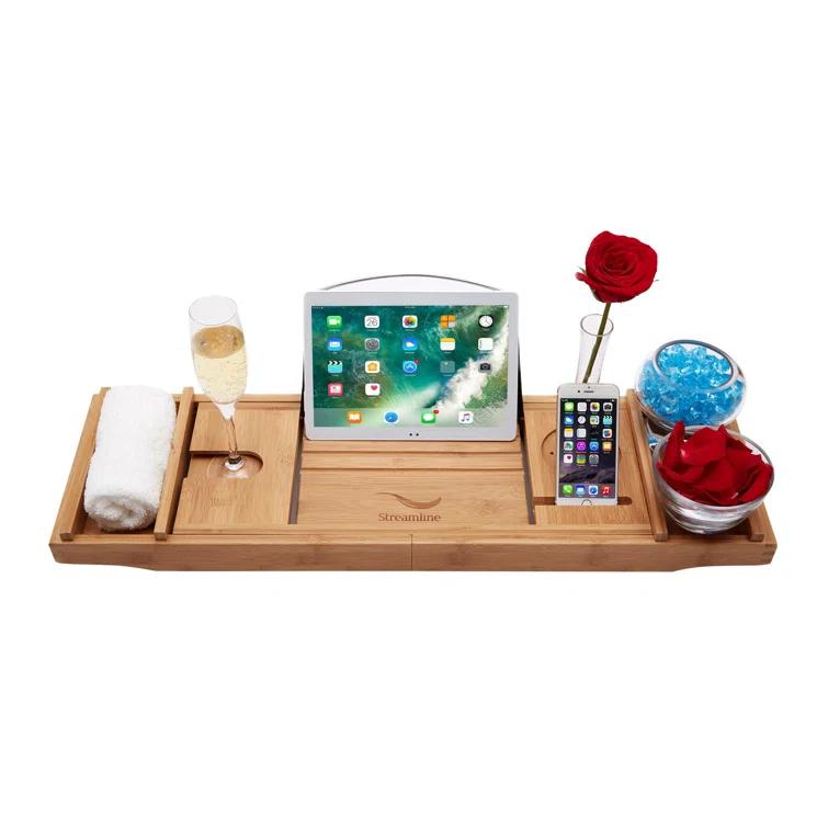 Streamline Bath 67" Streamline Freestanding Soaking Acrylic Bathtub With Drain and Bamboo Tray N822-IN-BNK