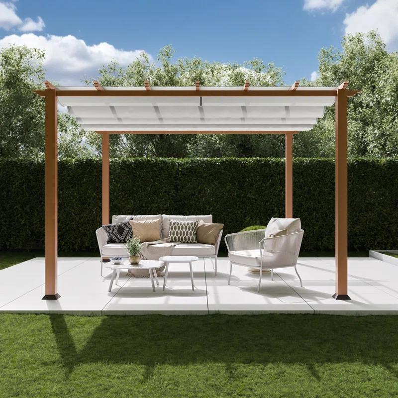 Paragon-Outdoor Florence 11 ft. W x 11 ft. D Wood Grain Aluminum Pergola in Canadian Cedar with Convertible Canopy