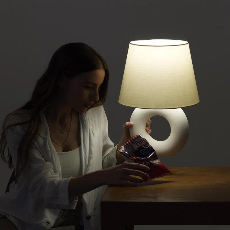 Brightech Chloe 15.5" Modern LED Table Lamp with Circular Ceramic Base and Natural Cotton Shade