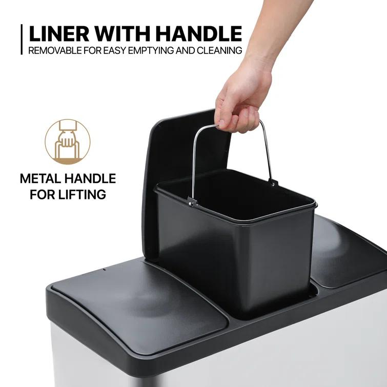 MoNiBloom 12 Gallon Trash Can with 3 Compartments, Step On Garbage Can with Soft-Close Lids and Inner Buckets