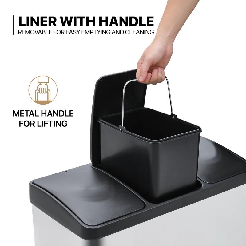 MoNiBloom 12 Gallon Trash Can with 3 Compartments, Step On Garbage Can with Soft-Close Lids and Inner Buckets