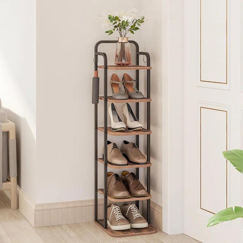 Vertical Shoe Rack, Shoe Shelves, Wood Shoe Organizer For Closet, Entryway, Shoe Tower For Small Spaces, Free Standing, Adjustable, With 2 Hooks, 6 Tier Rustic Brown