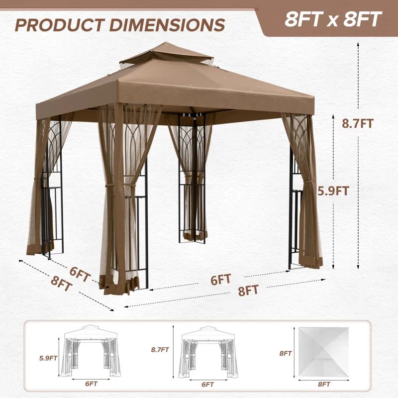 COOS BAY 8 Ft. W x 8 Ft. D Steel Frame Vented Soft Top Patio Gazebo with Mesh Netting, Corner Shelves