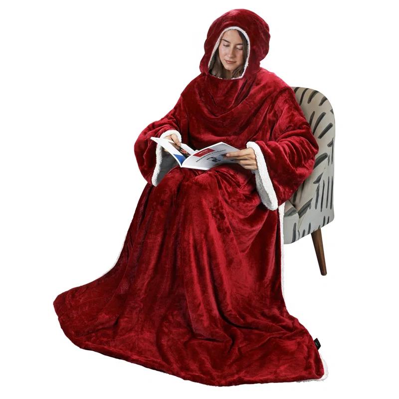 Tirrinia Hood Wearable Blanket for Adult Women and Men, Super Soft Comfy Warm Plush Throw with Sleeves TV Blanket Wrap Robe Hoodie Cover for Sofa, Couch 72" x 55"