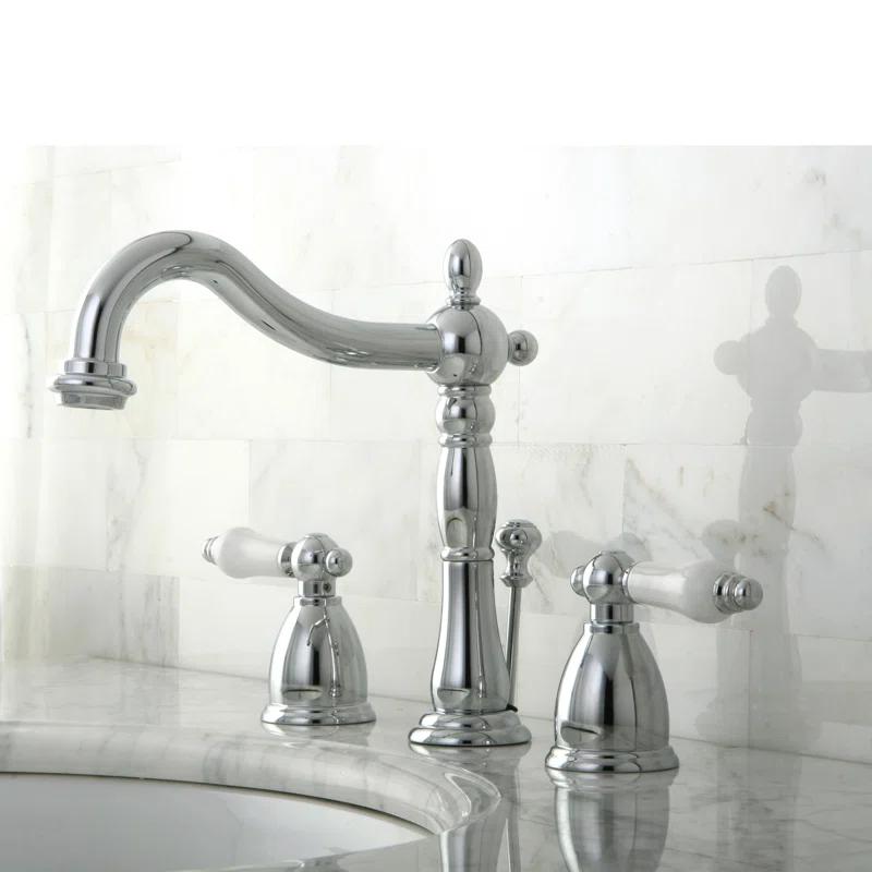 Kingston Brass Heritage Two-Handle 3-Hole Deck Mount Widespread Bathroom Faucet with Pop-Up Drain