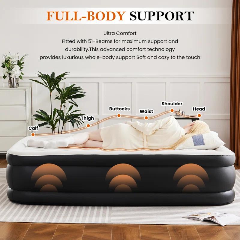 Ebern Designs 18 Inch Air Mattress Bed with Built- in Pump Blow Up Mattresses for Camping, Indoor Colchon, Guests