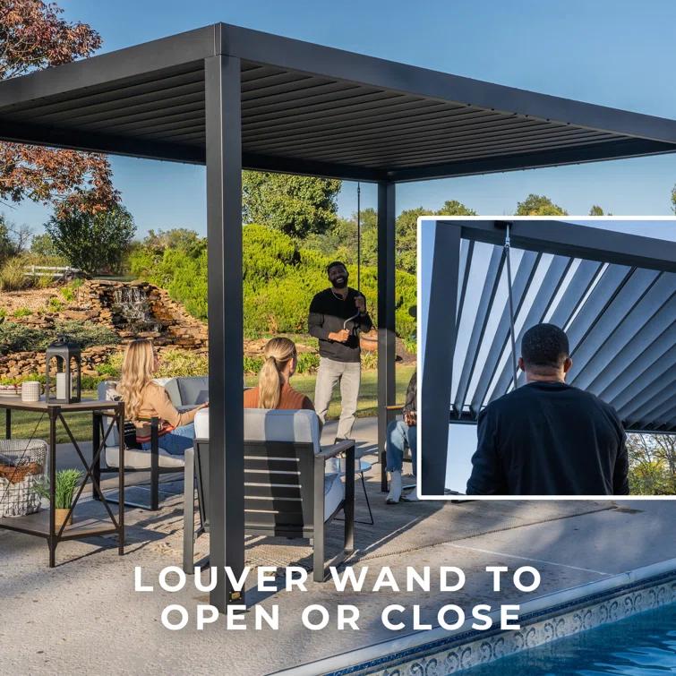 Backyard Discovery Backyard Discovery Sarasota 14' x 10' Galvanized Steel Outdoor Louvered Pergola Kit with Adjustable Steel Roof and PowerPort