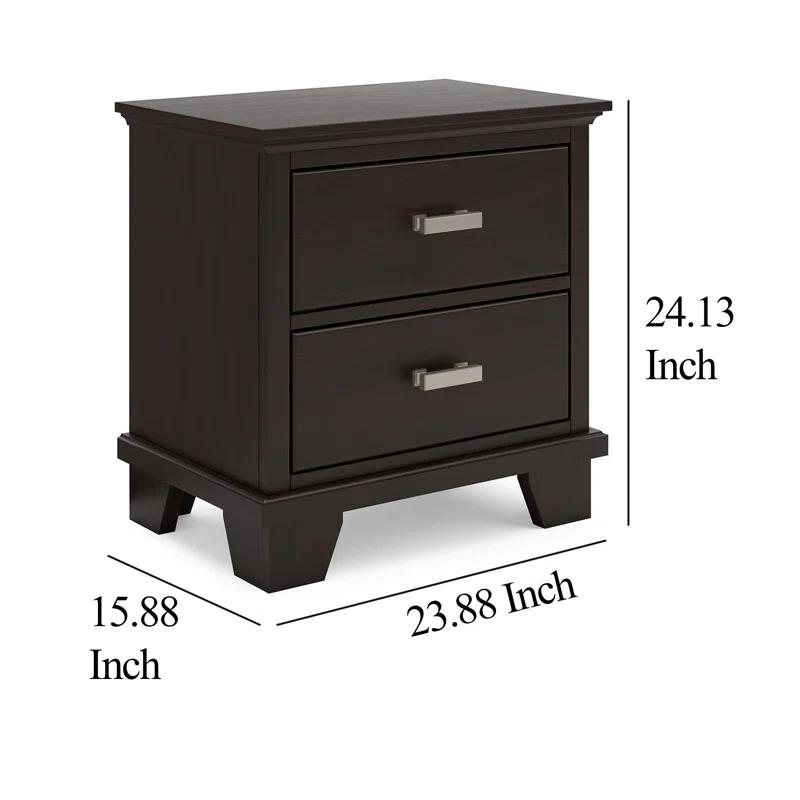 Benjara Teno Nightstand, 2 Drawers, Nickel Handles, Dark Brown Solid Hardwood