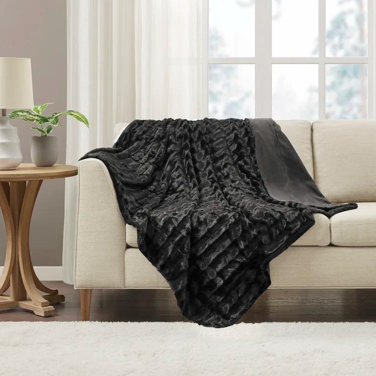 Madison Park Duke Black Long Fur Throw 50x60"