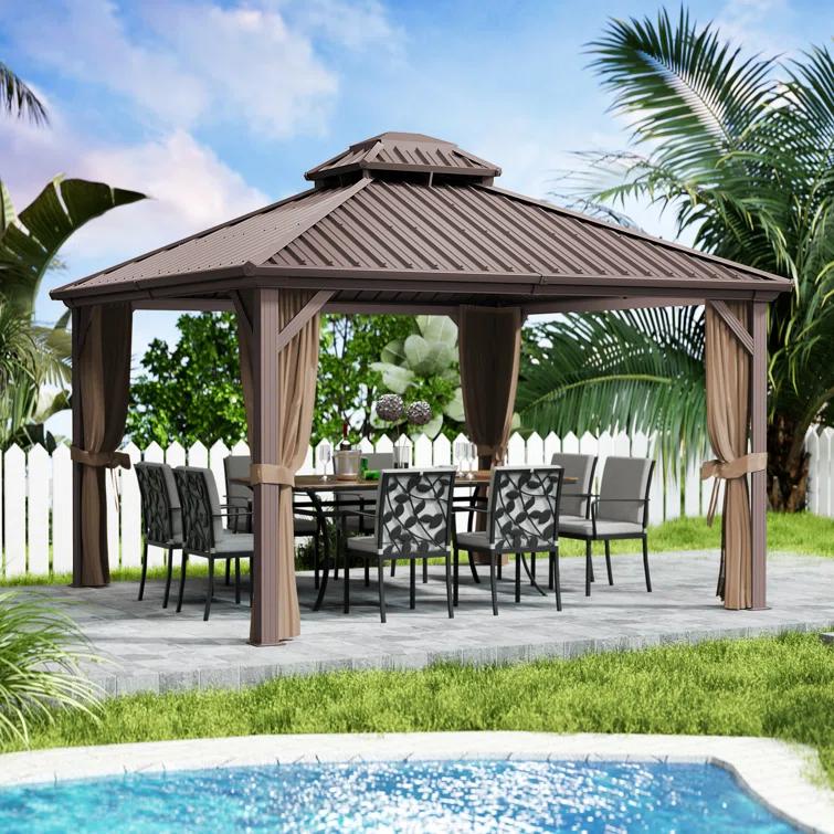 Kozyard Kozyard Caesar Gray Double Roof Hardtop Gazebo with Privacy Curtain and Mosquito Netting