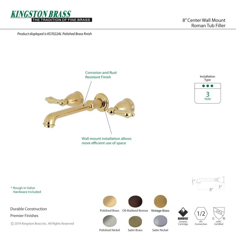 Kingston Brass English Country Two-Handle 3-Hole Wall Mount Roman Tub Faucet