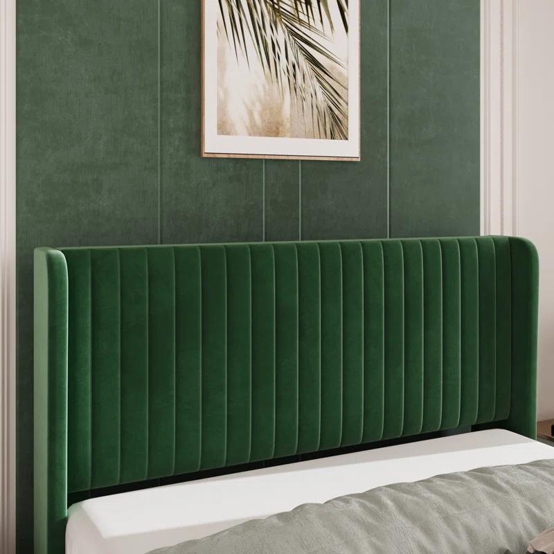 Candler Velvet Upholstered Platform Bed with Wingback Headboard and Wooden Slats