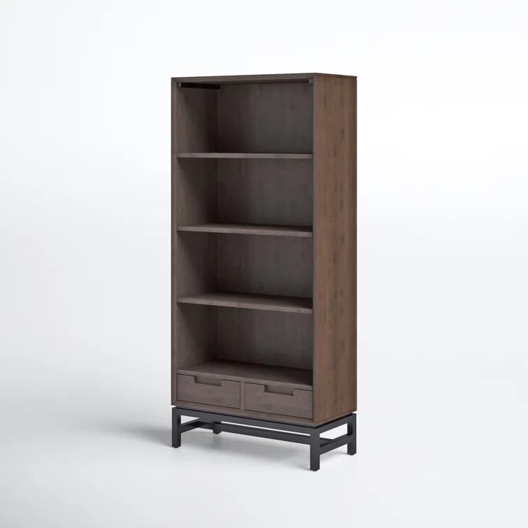 Banting 30"W Solid Wood 4 Shelf Industrial Bookcase with 2 Drawers, Adjustable Shelves, and Metal Base