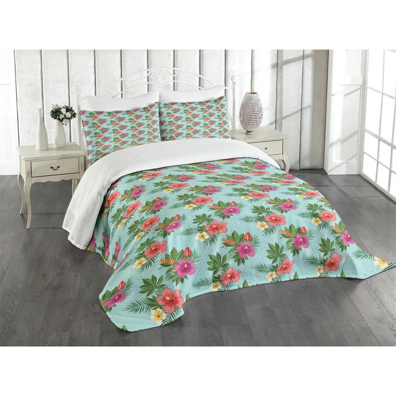 Ambesonne Ambesonne Hawaii Bedspread Set Blooming Hibiscuses Multicolor