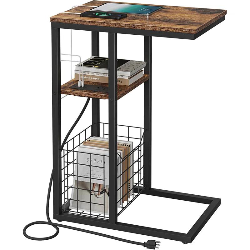 17 Stories C Shaped End Table With Charging Station, Side Table For Couch, Small Side End Table For Small Spaces, 28" High Slide Under Sofa Table For Coffee, Tv Tray Table For Living Room, Rustic Brown