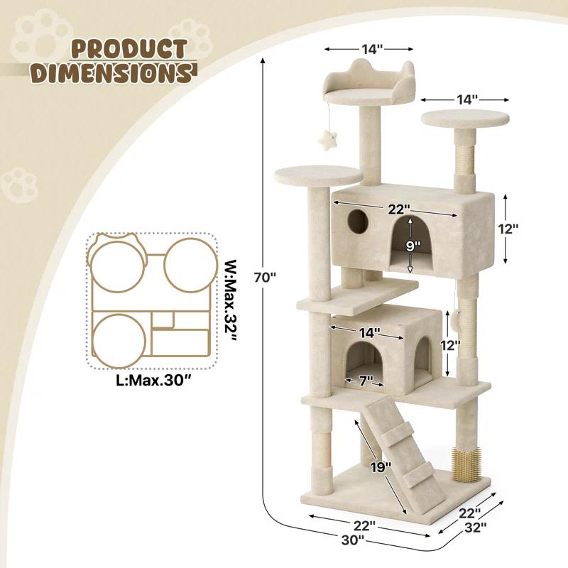 Tucker Murphy Pet™ 70" Cat Tree Tower With Scratching Posts, Multiple Cat Caves, Top Perch, And Play Features For Indoor Cats