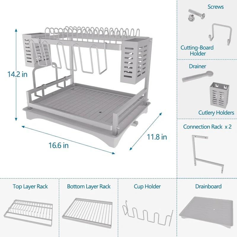 THE GLAMOUR BOUTIQUES Dish Drying Rack: 2 Tier Dish Racks For Kitchen Counter - Large Rust Proof Dish Drying Rack With Aluminum - Detachable Dish Drainer Organizer With Utensil Holders Drainboard Silver