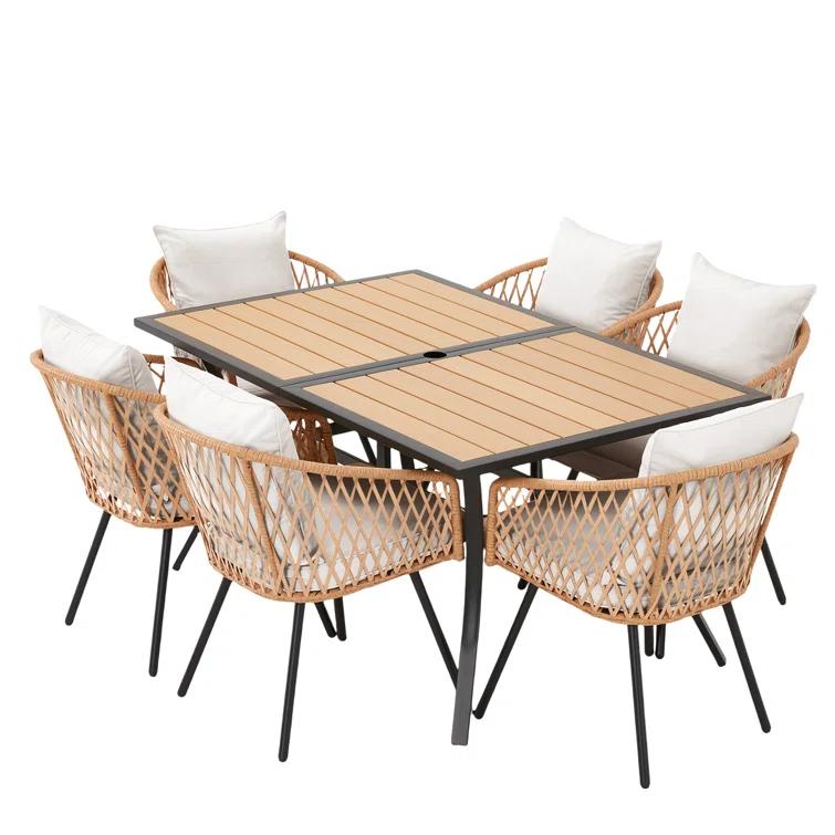 EROMMY 7 Piece Outdoor Dining Table Set, Patio Table And Chairs Set With 6 Rattan Chairs, Rectangular Table With Umbrella Hole, All-weather Patio Furniture For Backyard, Lawn, Garden