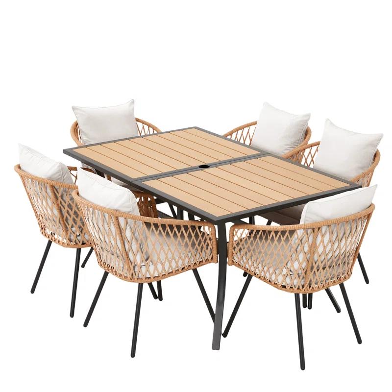 EROMMY 7 Piece Outdoor Dining Table Set, Patio Table And Chairs Set With 6 Rattan Chairs, Rectangular Table With Umbrella Hole, All-weather Patio Furniture For Backyard, Lawn, Garden