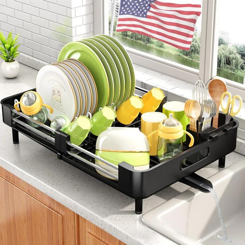 Anadea Expandable Dish Rack For Kitchen Counter, Large Dish Drainer, Stainless Steel Drying Dish Rack With Utensil Holder